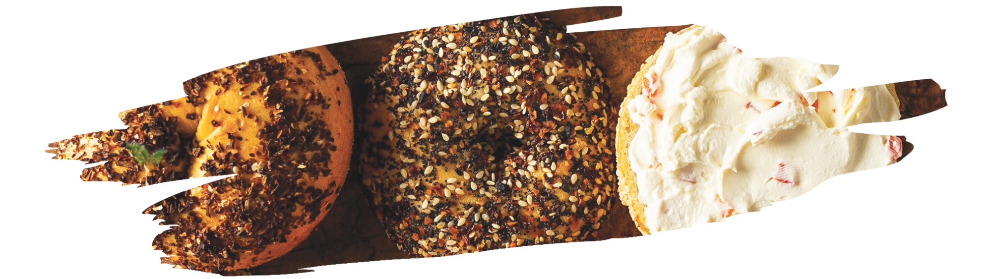 Assorted bagels with mixed seasonings including garlic flakes, onion, and sea salt toppings.