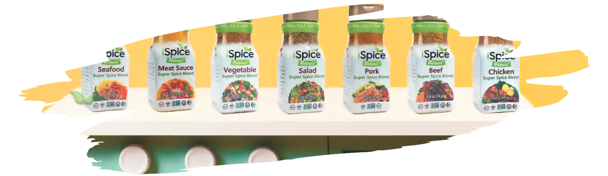 Wall-mounted spice rack displaying assorted spices in labeled glass containers