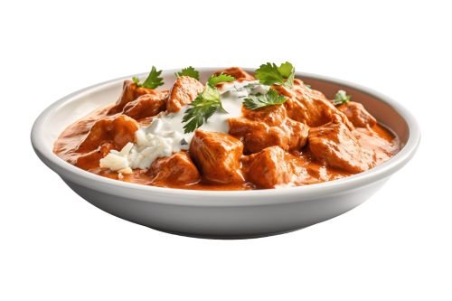 bowl of indian butter chicken showing creamy orange curry sauce