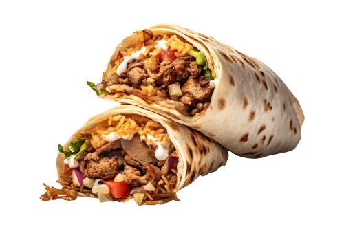shawarma wrap with sliced meat, vegetables, and sauce showing juicy filling