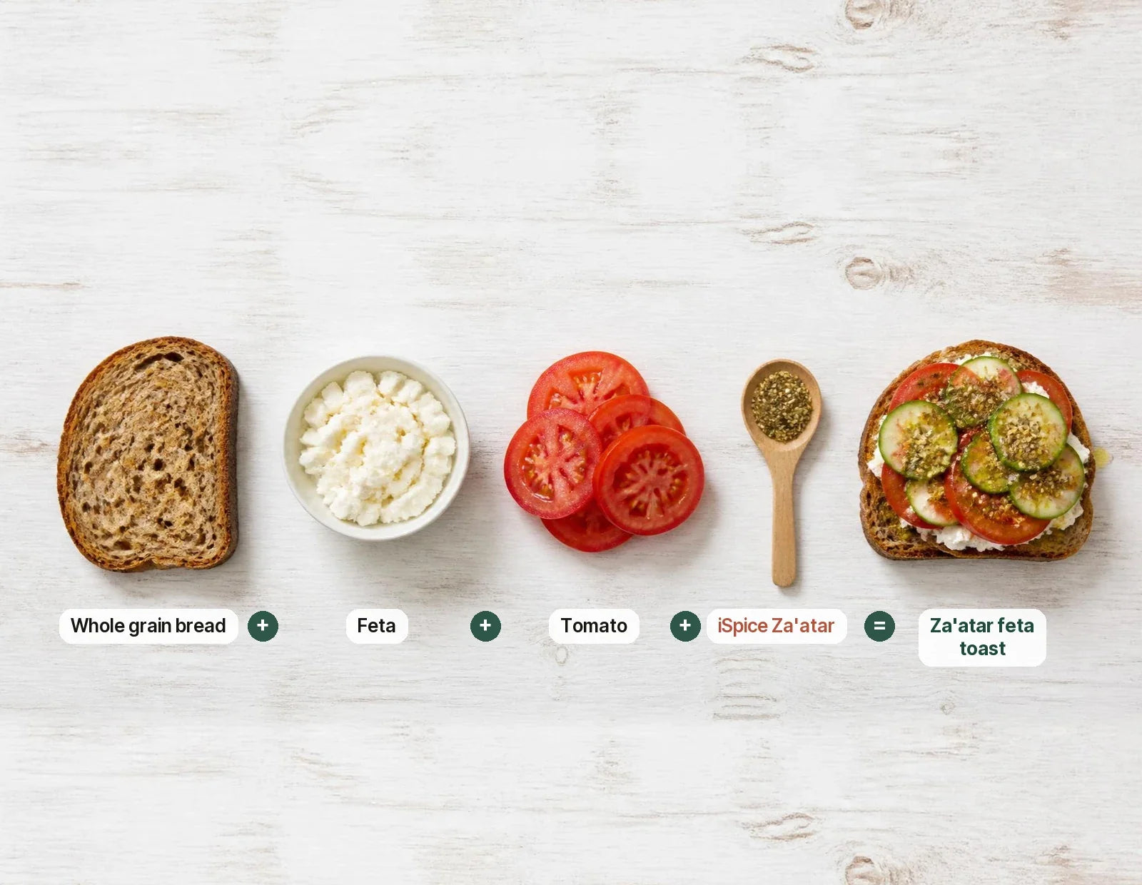 Za'atar Feta & Tomato Toast: whole grain bread, feta, tomato and iSpice Za'atar