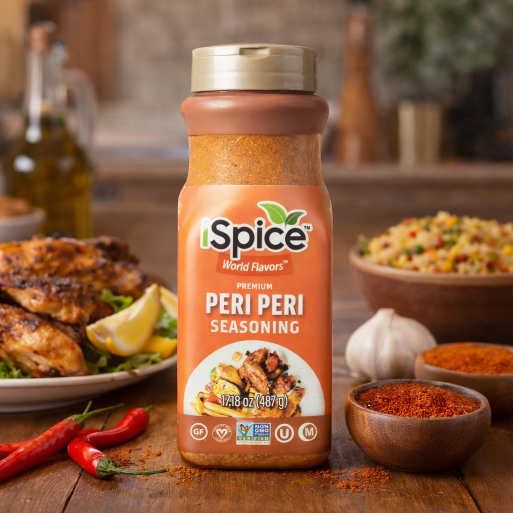 iSpice Peri Peri Seasoning bottle on a wooden table with food in the background