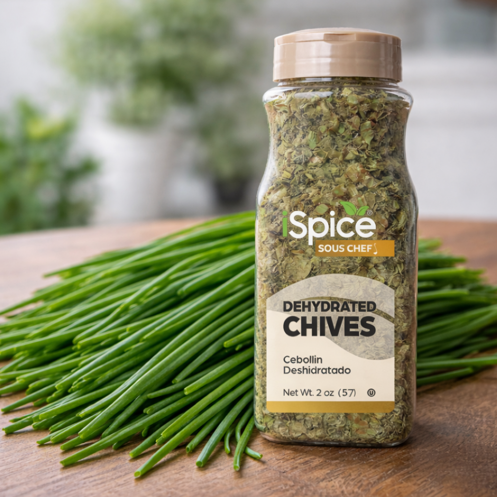 Dehydrated chives in a Spice Sous Chef jar on a wooden surface with fresh chives.