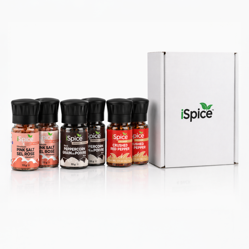 Collection of spice bottles with a white box labeled 'iSpice' on a white background