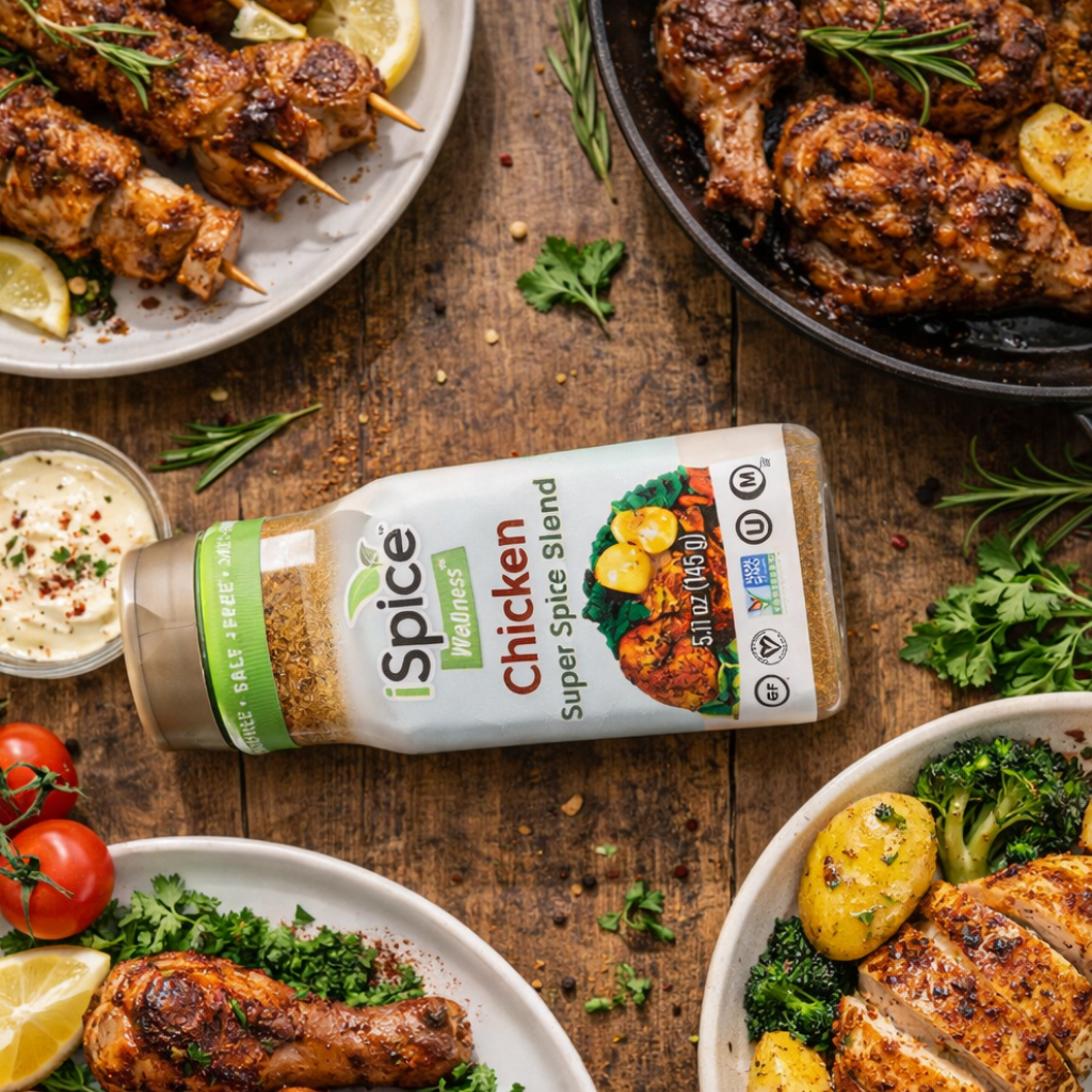 Spice blend bottle with roasted chicken and vegetables on a wooden table