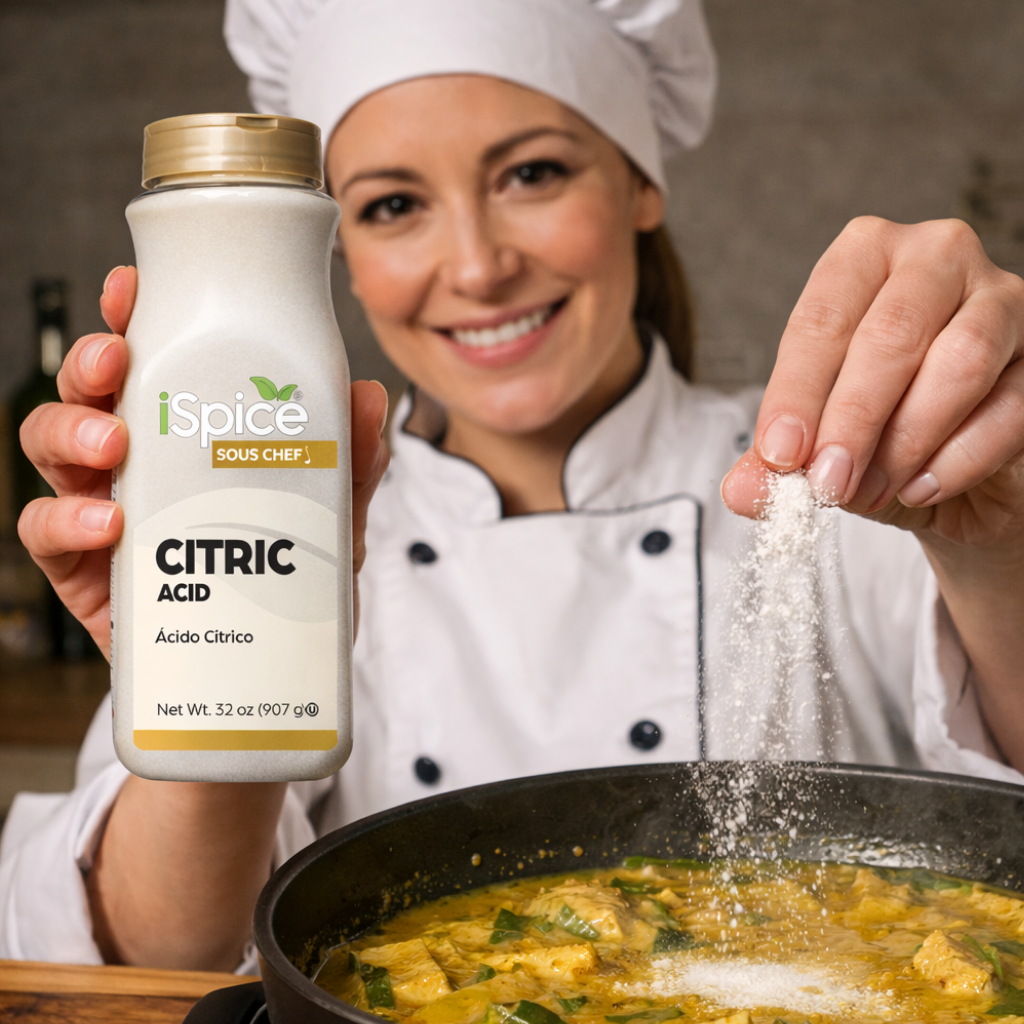 Person in chef's uniform adding citric acid to a dish, holding iSpice product.
