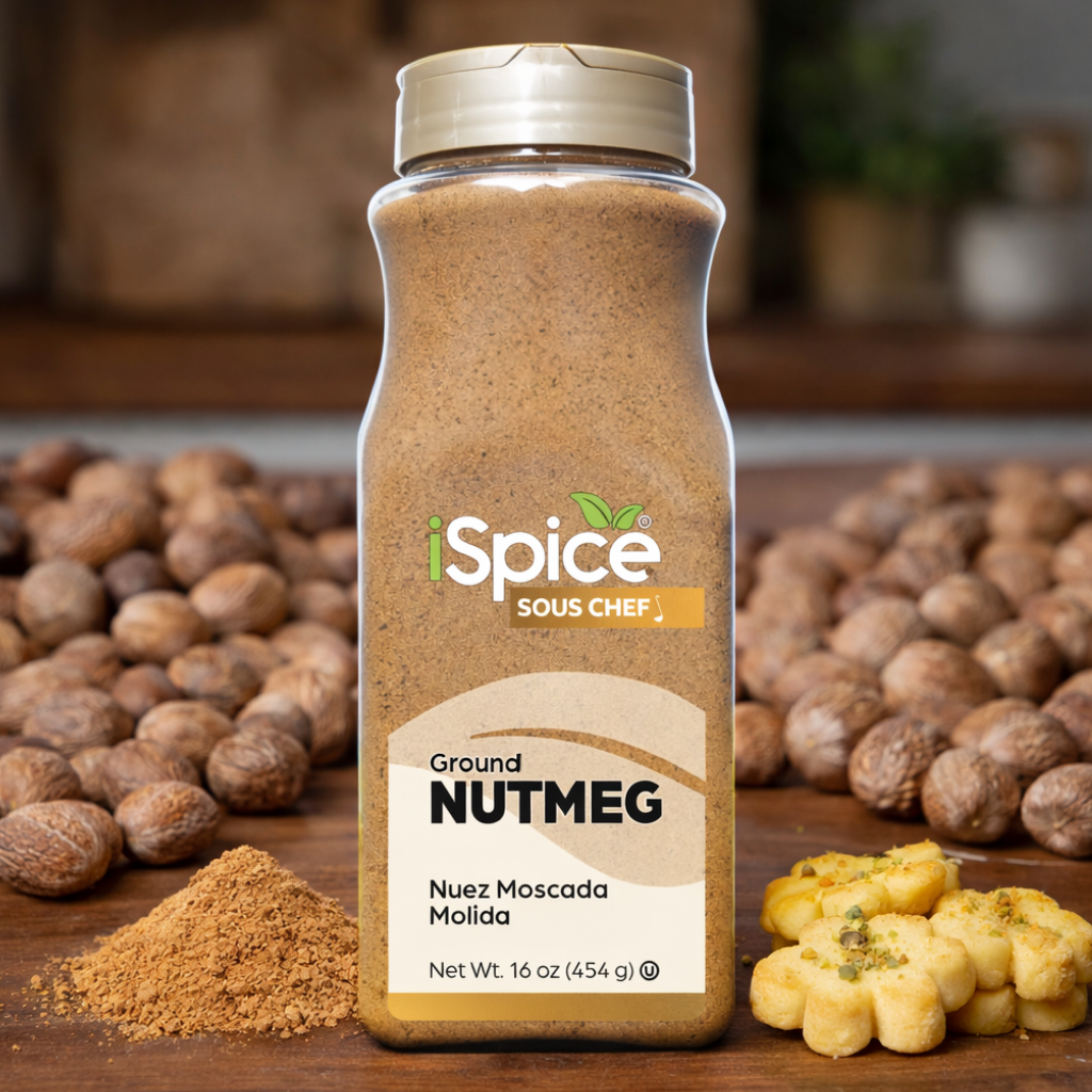 iSpice Sous Chef ground nutmeg spice jar with nutmeg and cookies on a wooden surface