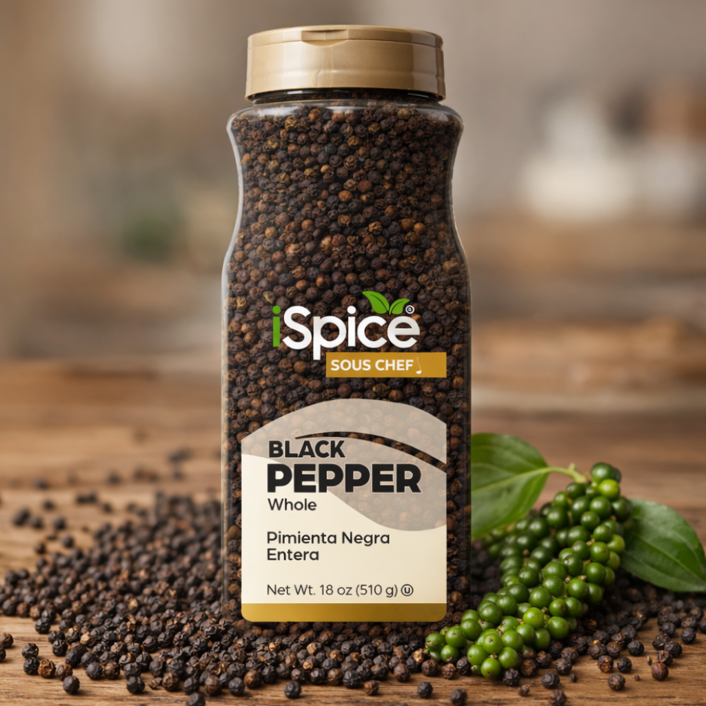 Spice Sous Chef black pepper jar with pepper grains and leaves on a wooden surface