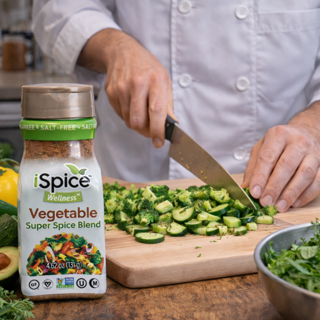 Person preparing a salad with a bottle of iSpice Wellness Vegetable Super Spice Blend on a kitchen counter.