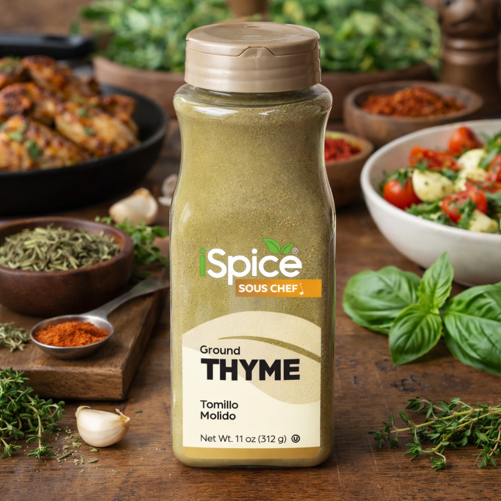 Spice Sous Chef ground thyme bottle on a wooden table with herbs and food in the background