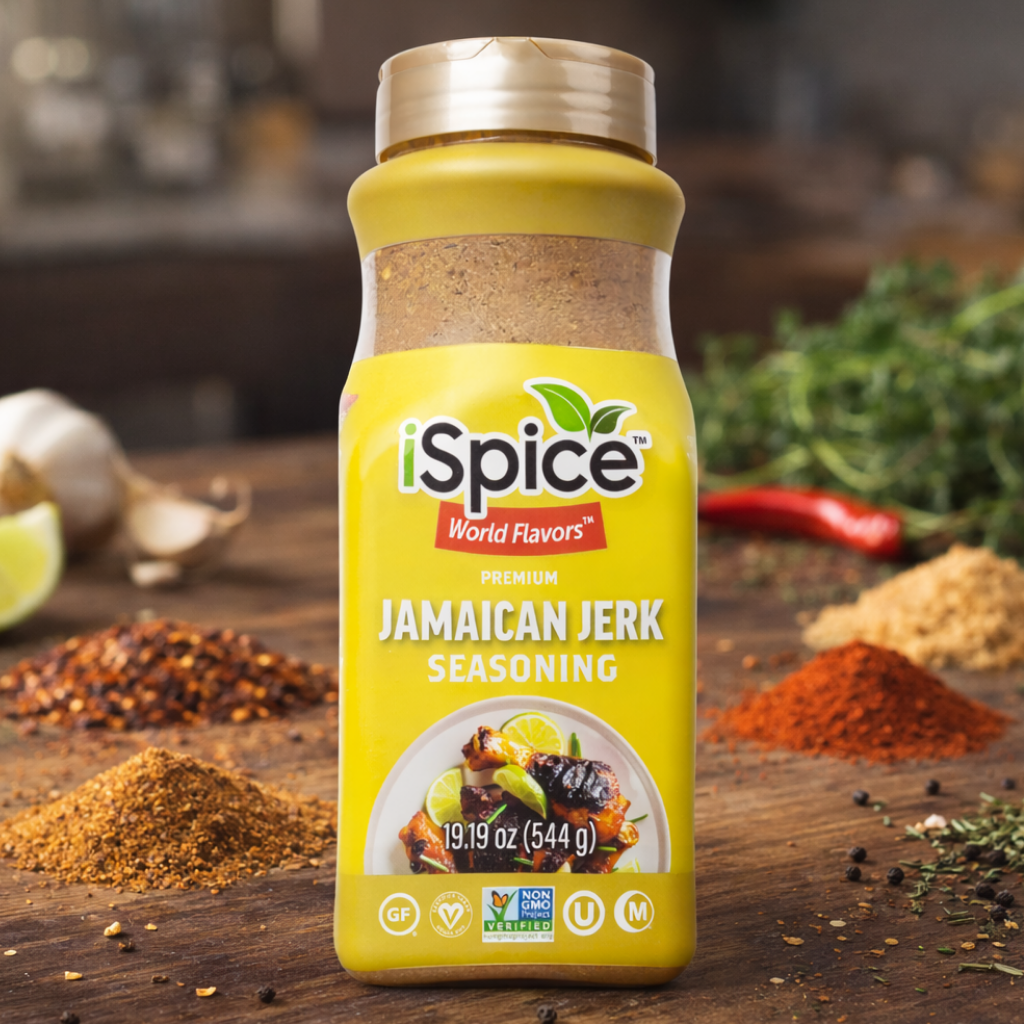 iSpice Jamaican Jerk Seasoning bottle on a wooden surface with spices in the background