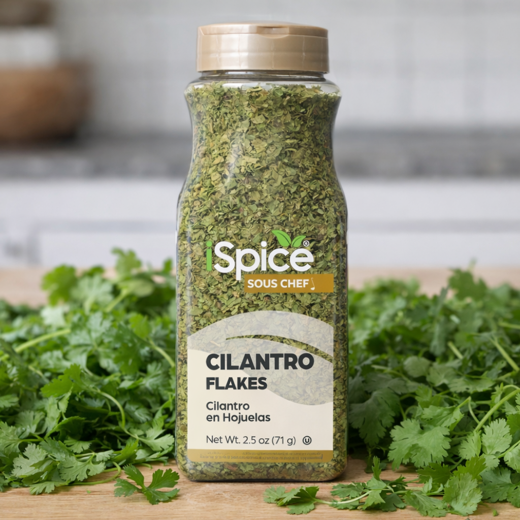 Bottle of cilantro flakes with cilantro leaves on a wooden surface