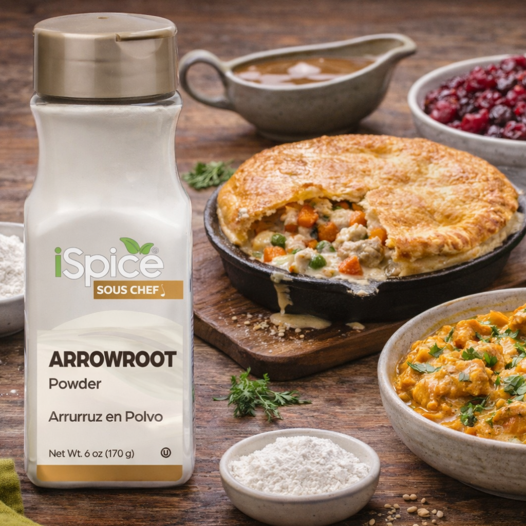 iSpice Arrowroot Powder bottle with a pie and other food items on a wooden table