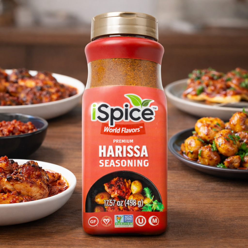 iSpice premium harissa seasoning placed horizontally with chili flakes and cooked food around