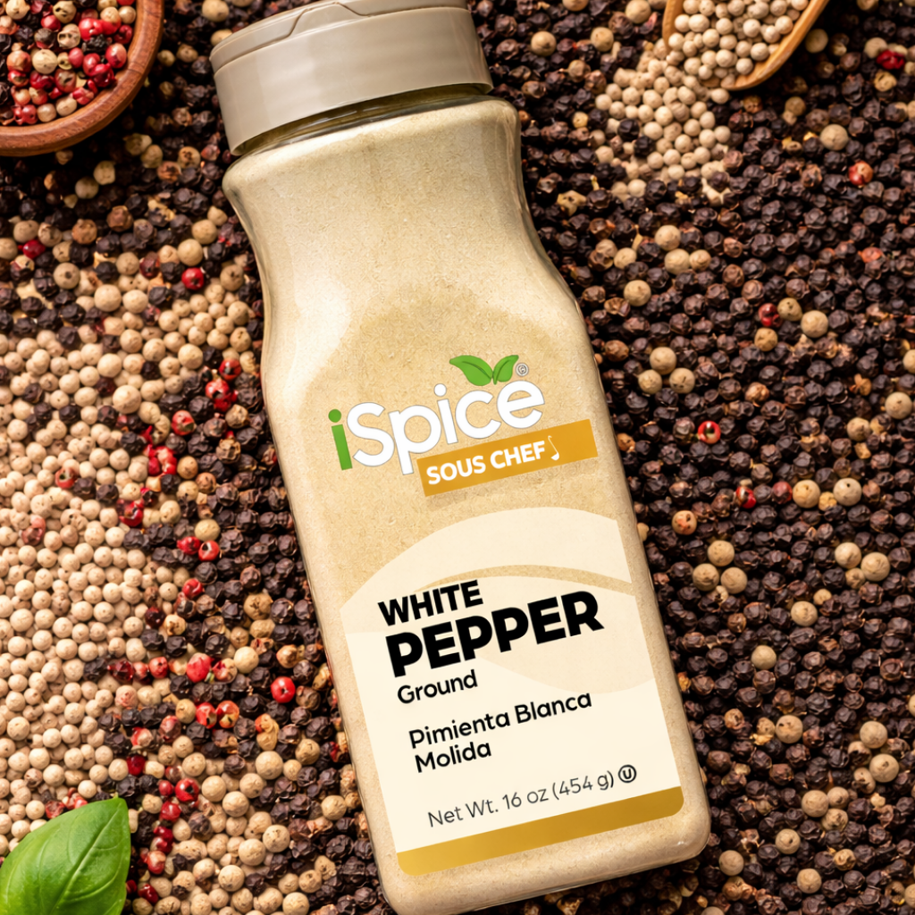 iSpice Sous Chef white pepper bottle on a background of ground peppercorns