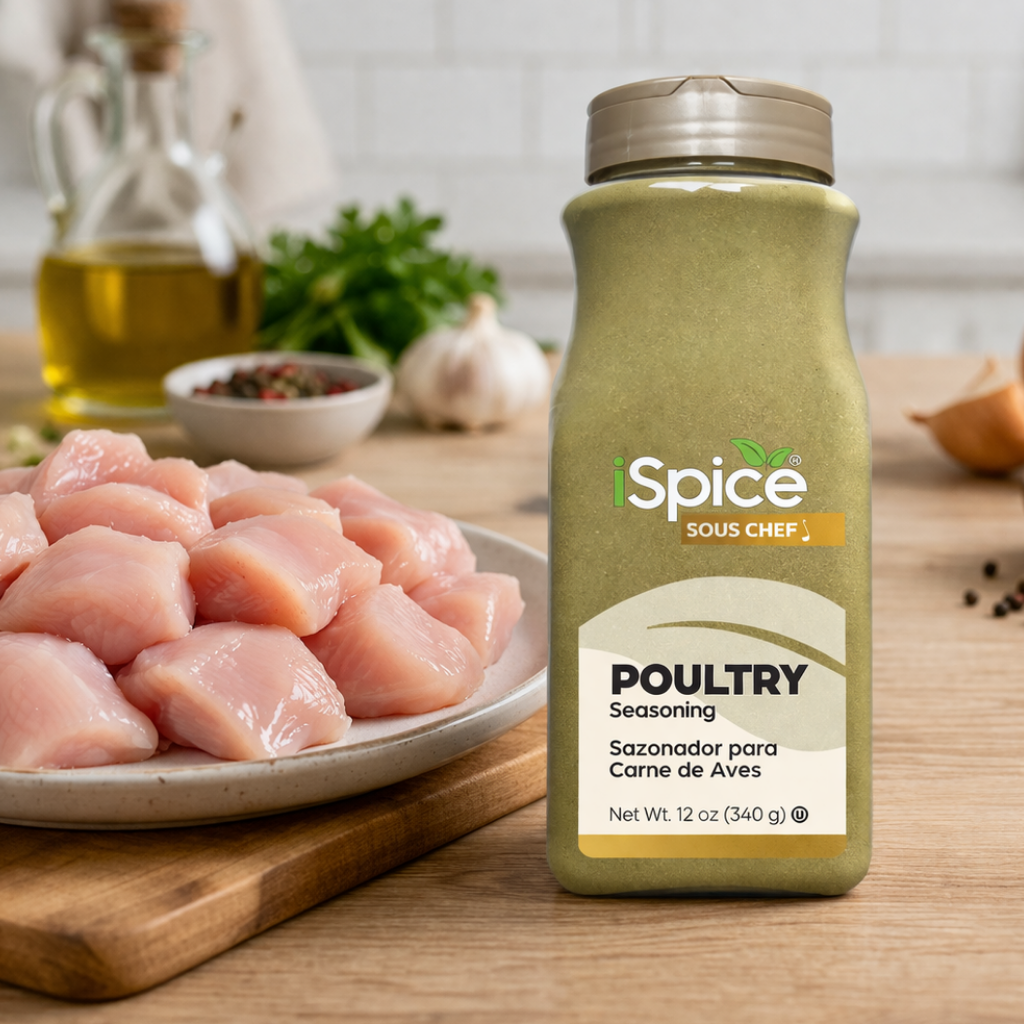 Spice bottle labeled 'Sous Chef' poultry seasoning next to raw chicken on a wooden surface.