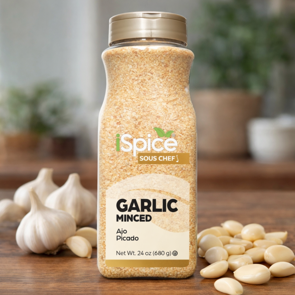 Bottle of minced garlic with 'iSpice Sous Chef' branding on a wooden surface with garlic bulbs.