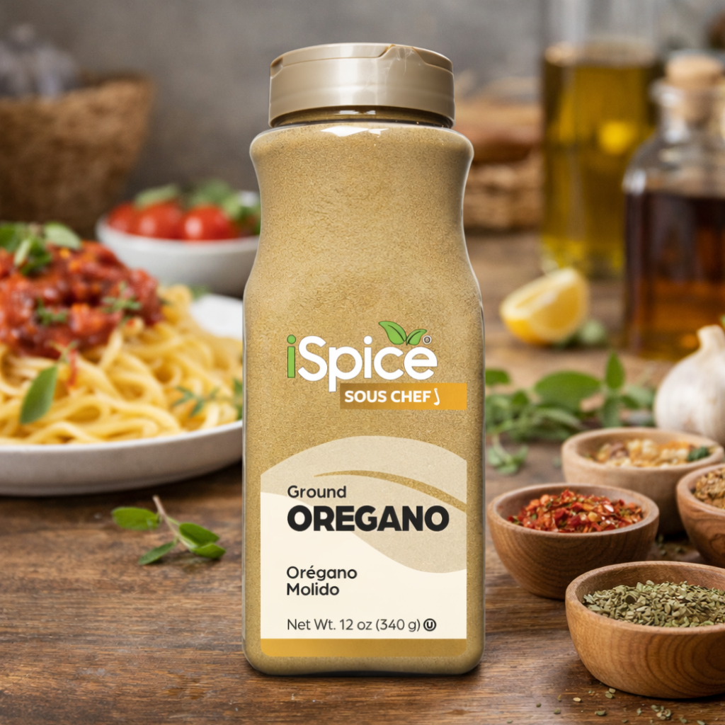 iSpice Ground Oregano bottle on a wooden table with pasta and ingredients in the background