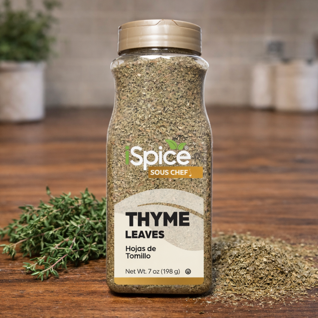 Spice jar labeled 'Thyme Leaves' by 'Sous Chef' on a wooden surface with thyme sprigs.