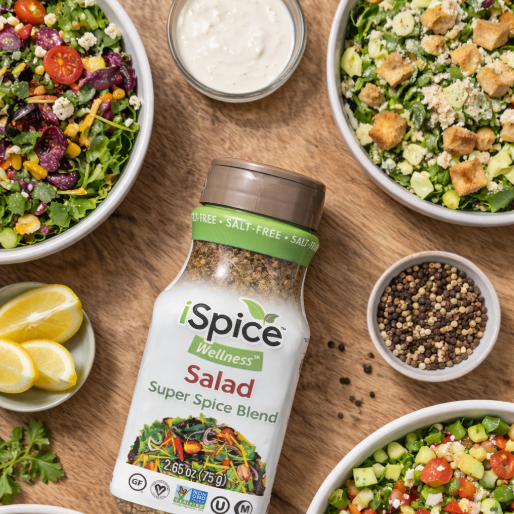 iSpice Wellness Salad Super Spice Blend bottle with salads and ingredients on a wooden surface