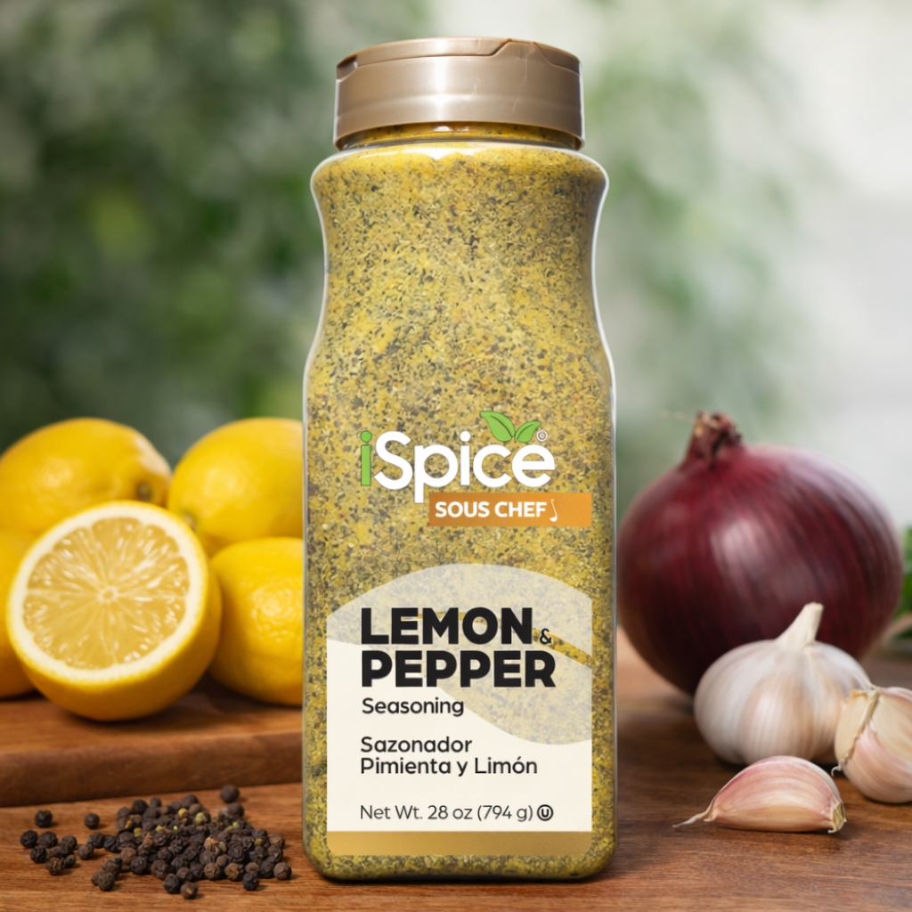 Spice Sous Chef Lemon & Pepper seasoning bottle with lemons, onions, and garlic on a wooden surface.