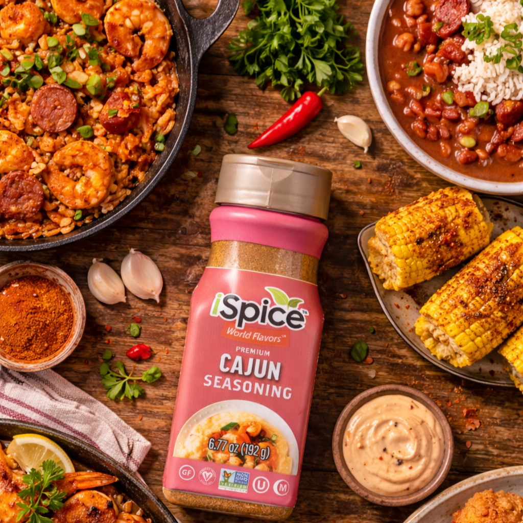 Spice World Flavors Cajun seasoning bottle surrounded by Cajun cuisine on a wooden table.