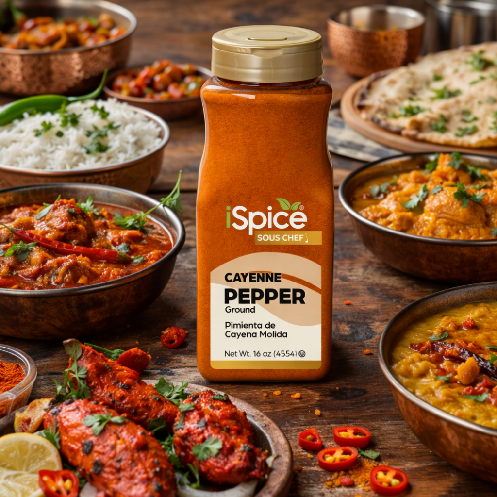 Spice bottle labeled 'Cayenne Pepper' with various dishes in the background on a wooden table
