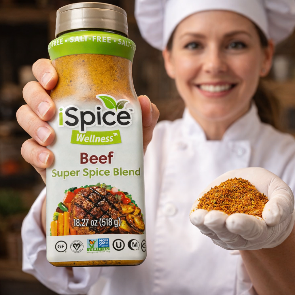 Person holding a bottle of iSpice Wellness Beef Super Spice Blend with a blurred background