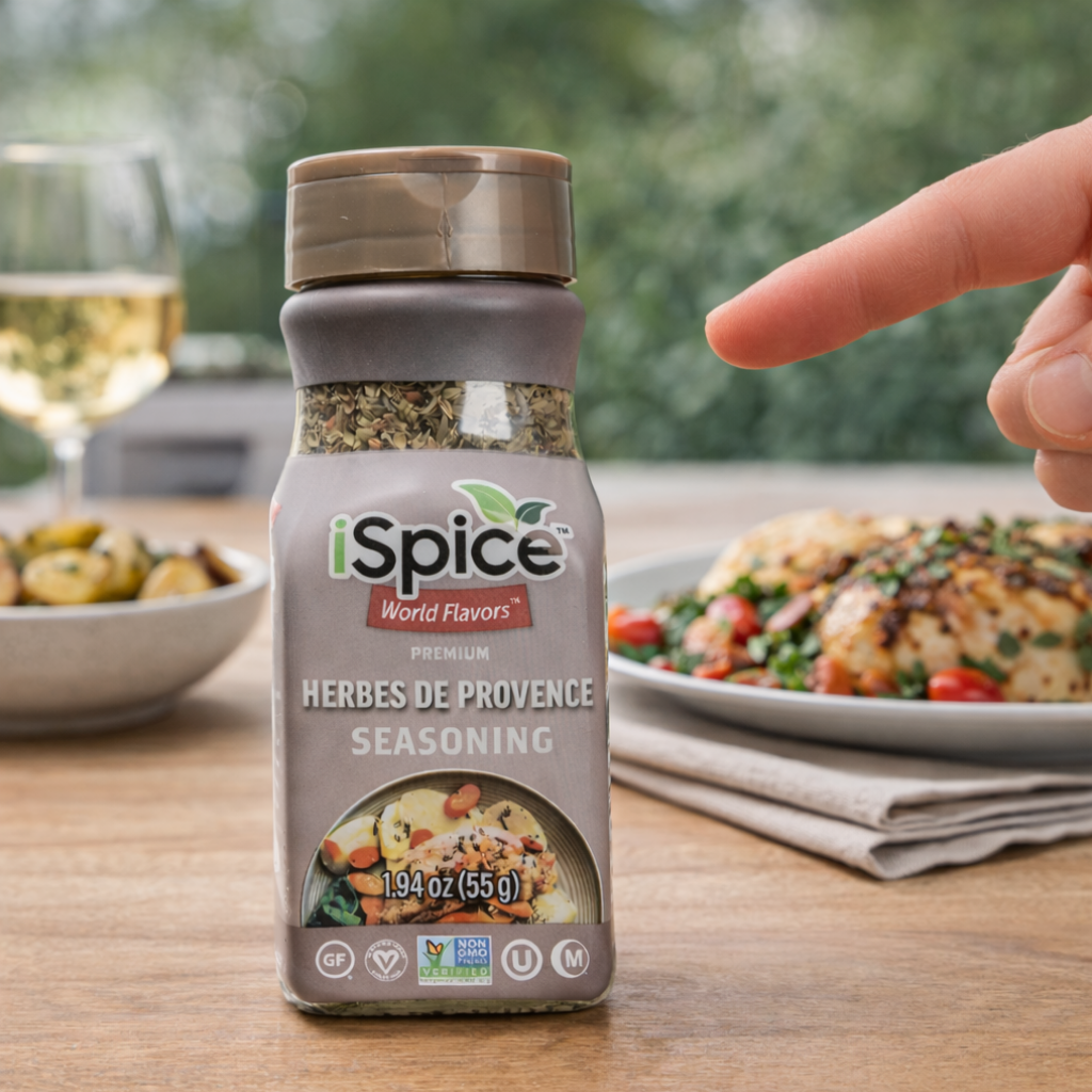 iSpice Herbes de Provence seasoning bottle on a table with food and wine in the background