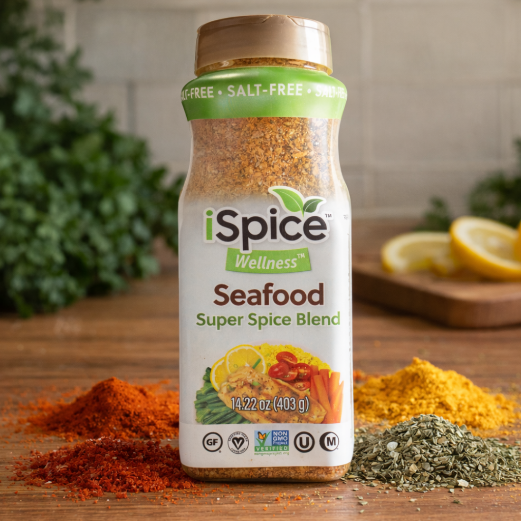 iSpice Wellness Seafood Super Spice Blend bottle on a wooden surface with spices around