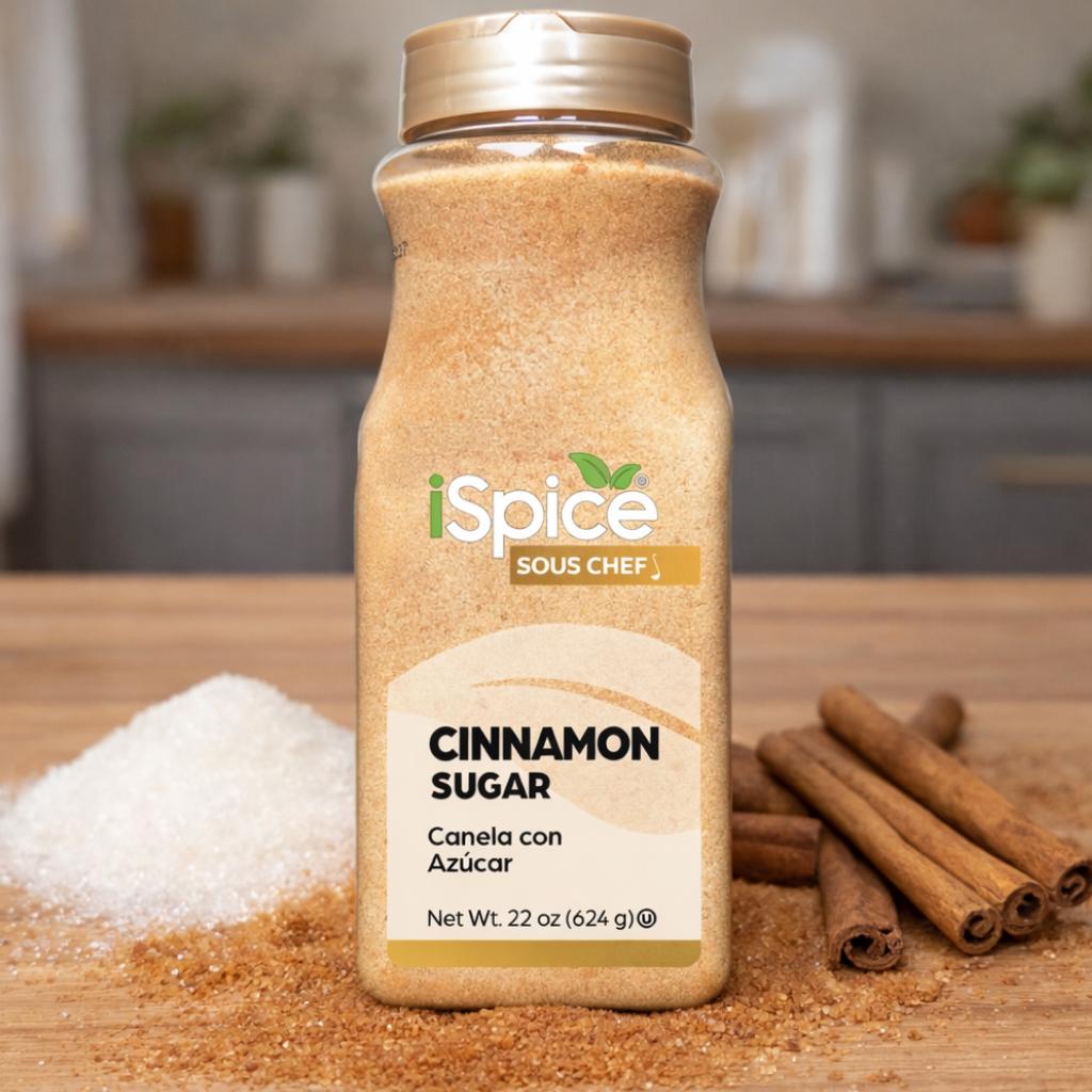 iSpice Cinnamon Sugar jar on a kitchen counter with cinnamon sticks and sugar.