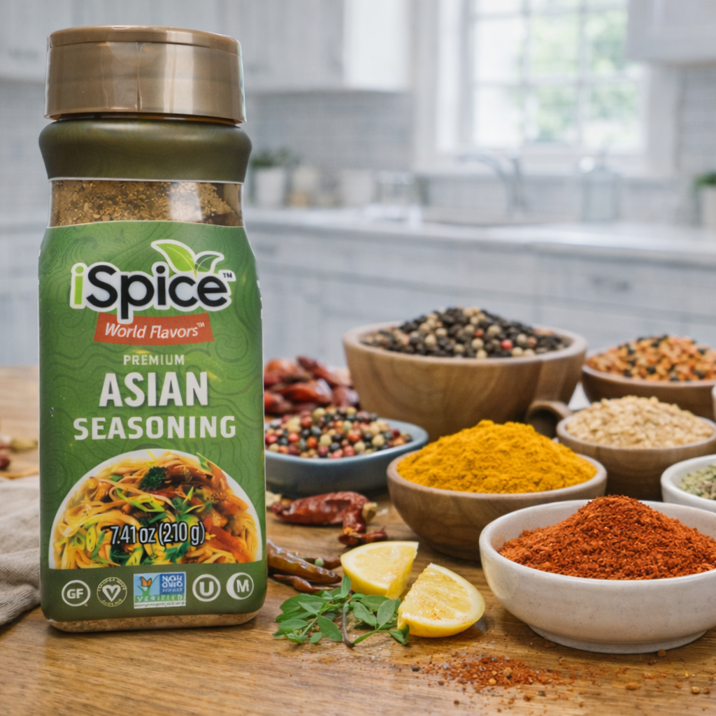 Spice bottle labeled 'iSpice World Flavors' with bowls of spices on a wooden surface.