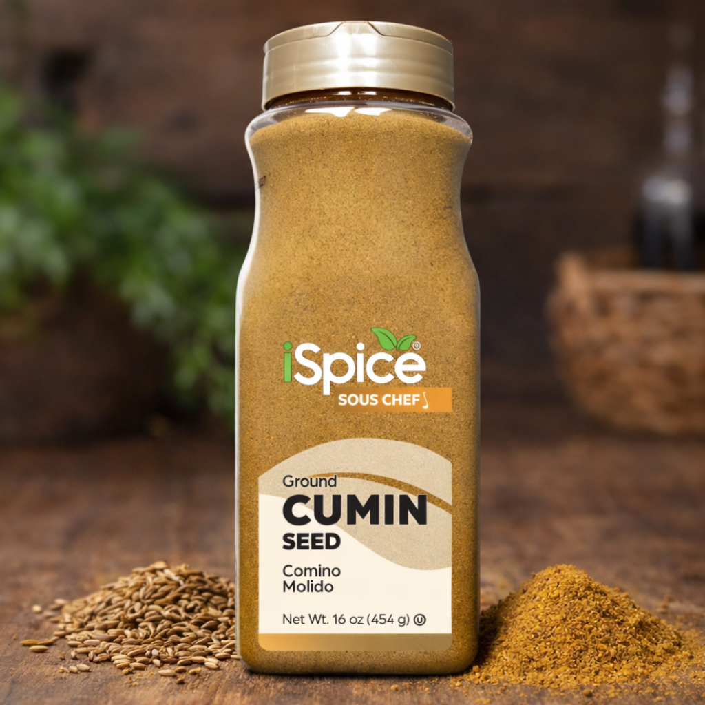 Bottle of iSpice Ground Cumin Seed on a wooden surface with cumin seeds and powder around.