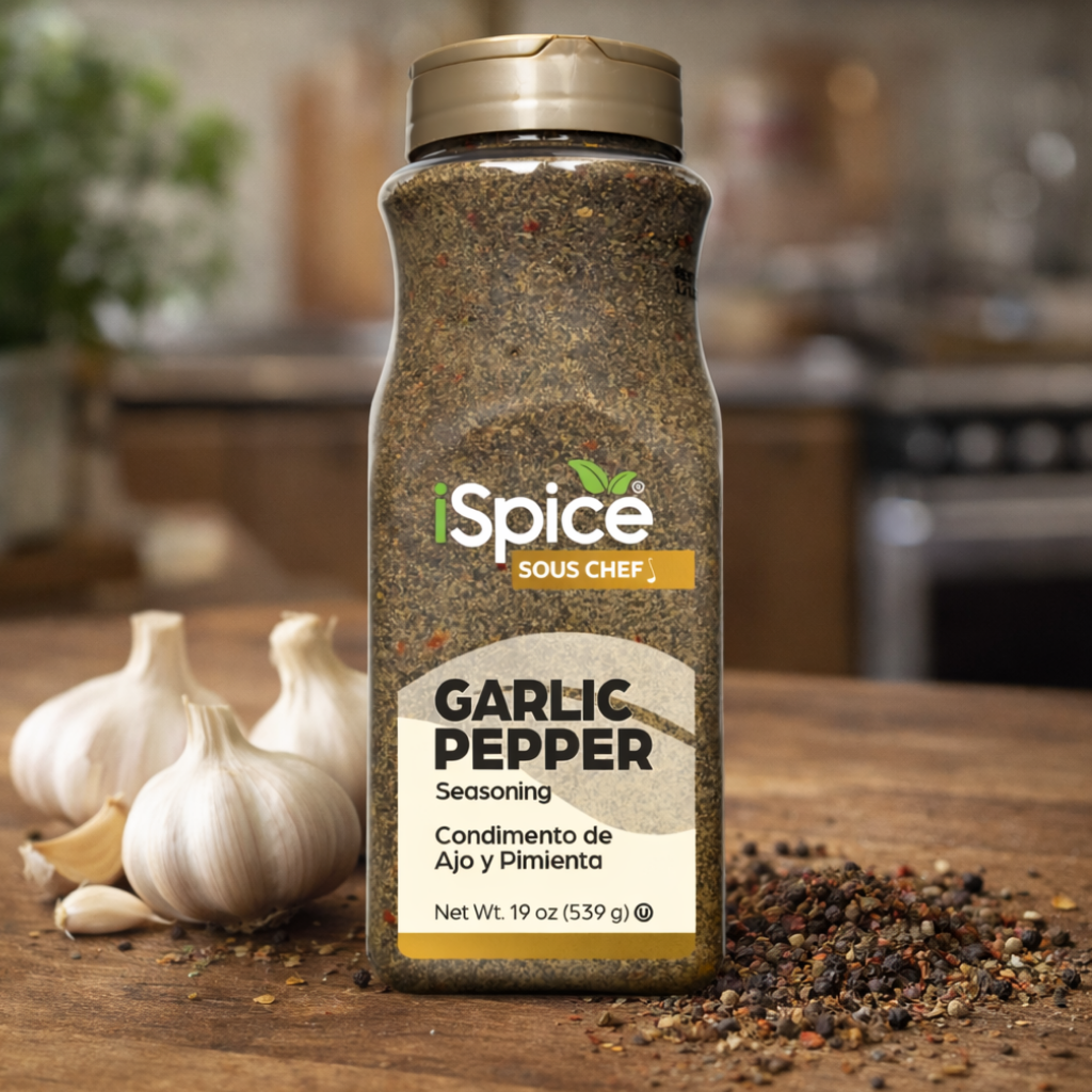 iSpice Garlic Pepper seasoning bottle on a kitchen counter with garlic bulbs.
