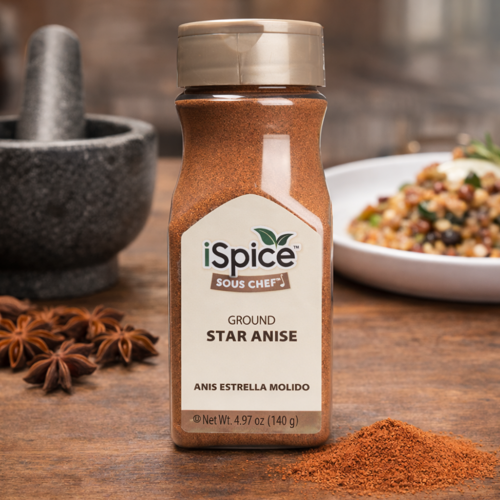 Bottle of iSpice Ground Star Anise on a wooden surface with star anise seeds and a dish in the background.