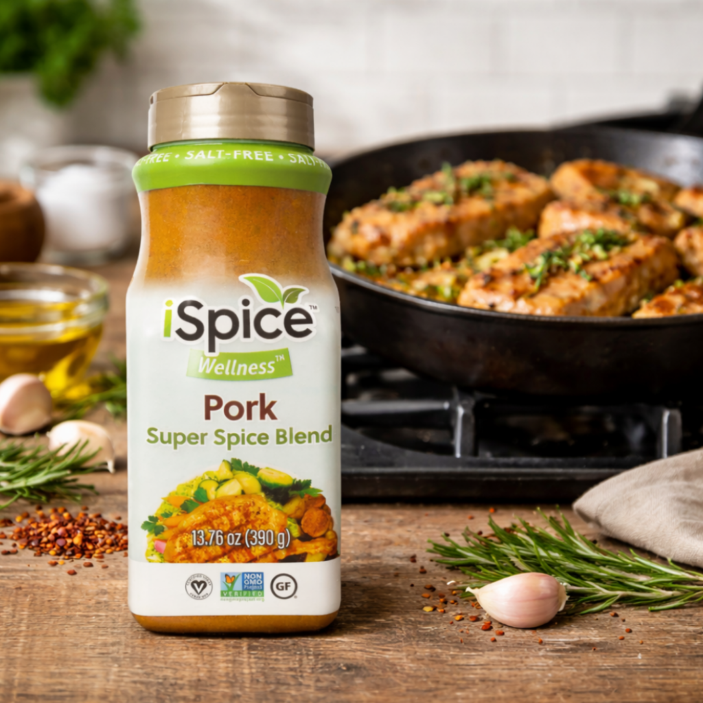 iSpice Wellness Pork Super Spice Blend bottle with cooking scene in the background