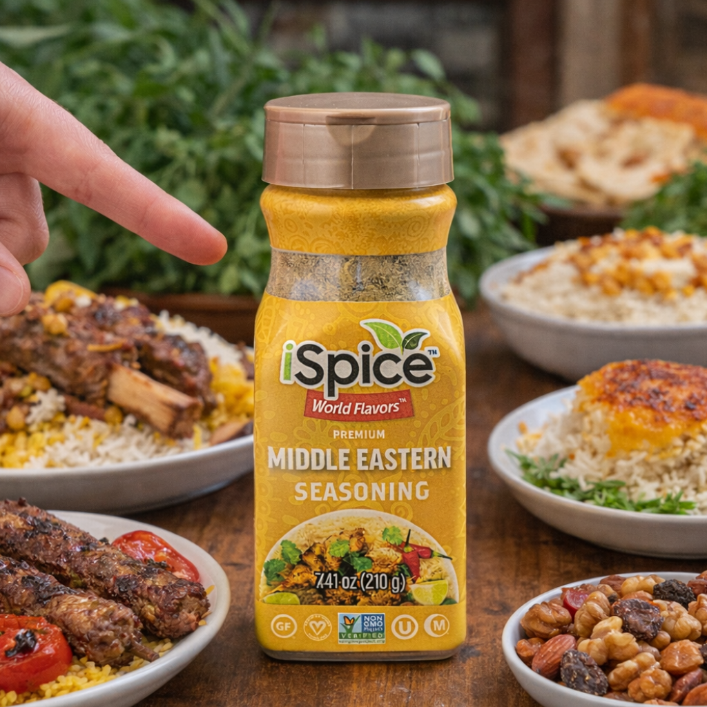 iSpice Middle Eastern seasoning bottle with food in the background