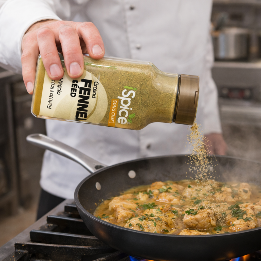 Person adding spices to a pan of food in a kitchen setting