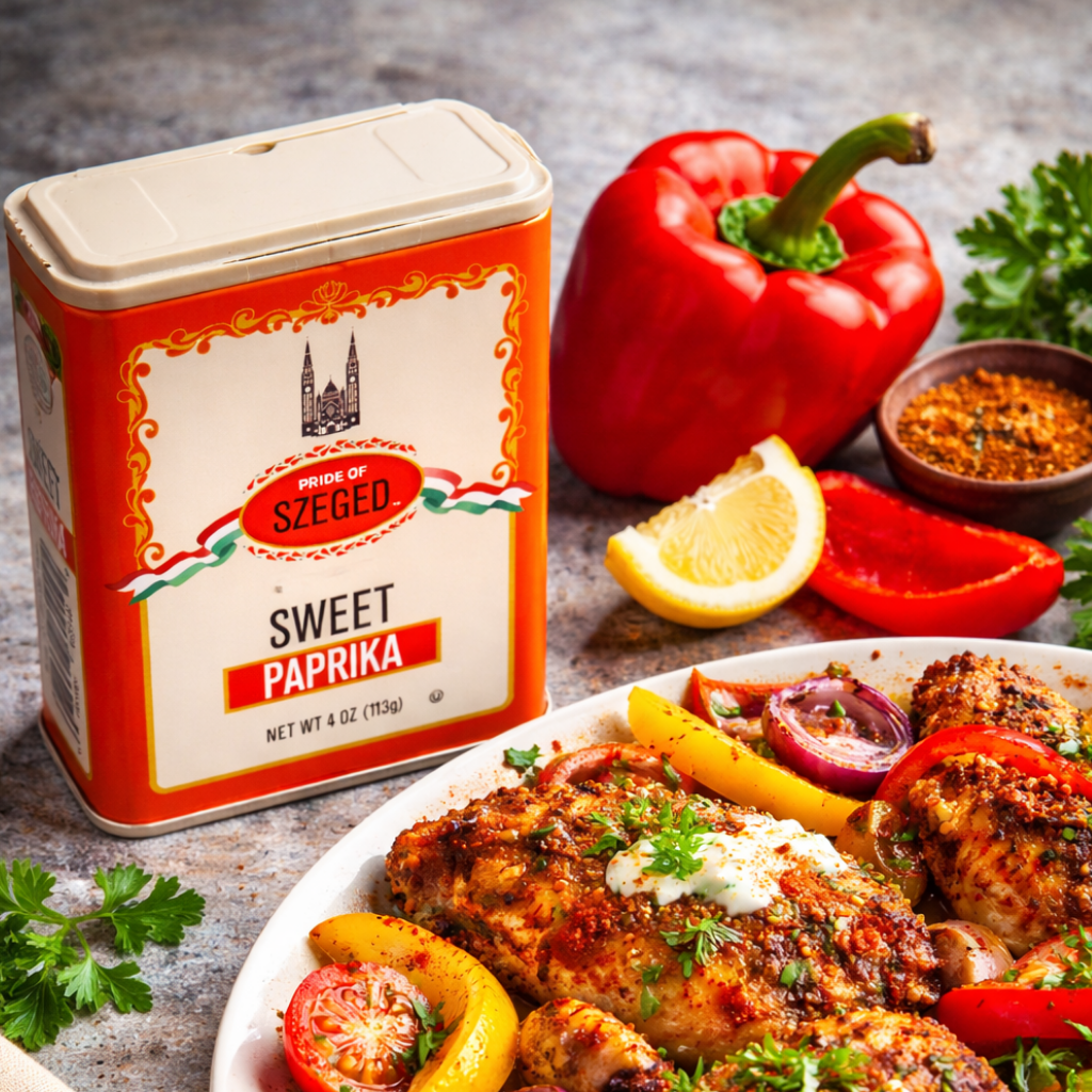 Szentgyörgy sweet paprika container with roasted chicken and vegetables on a rustic surface