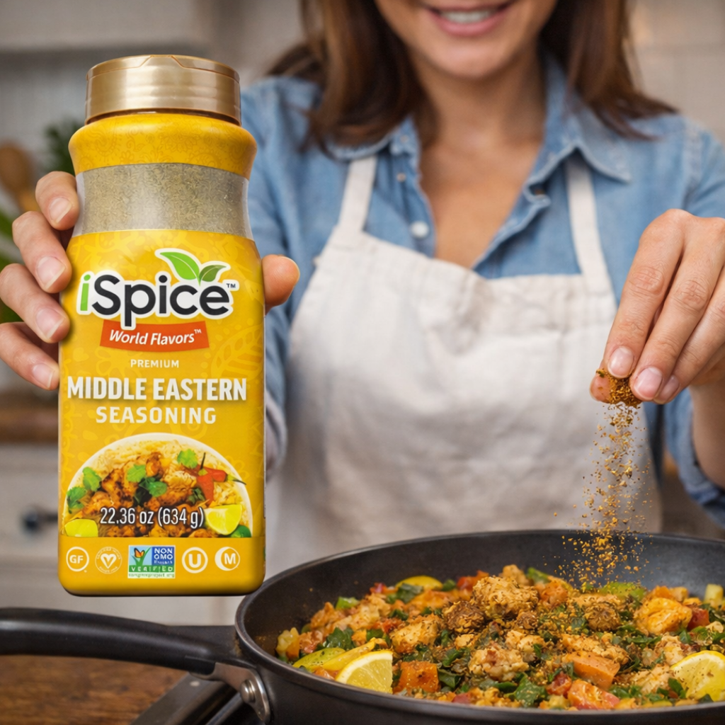 Person cooking with iSpice Middle Eastern seasoning in a pan