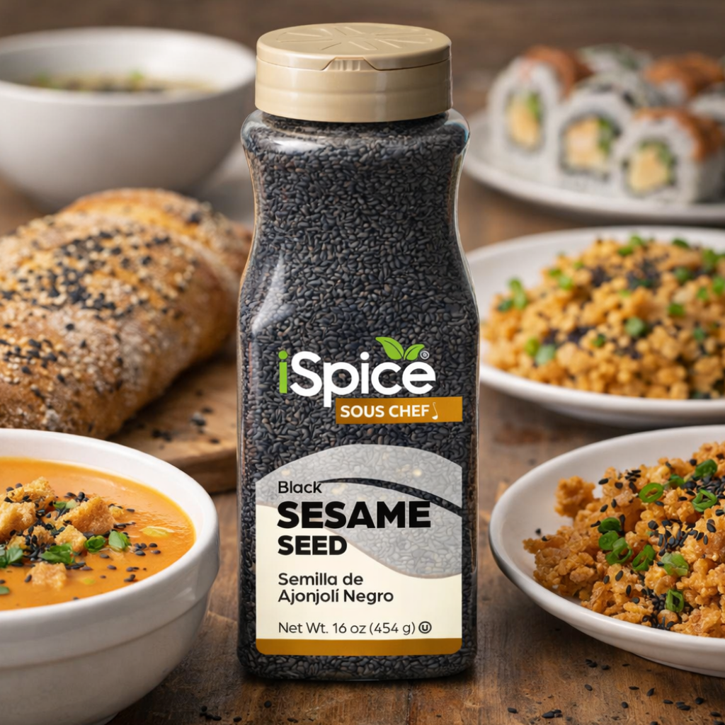 Bottle of iSpice Black Sesame Seed on a wooden table with various dishes in the background