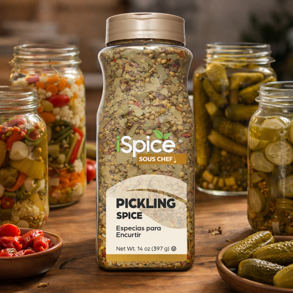 Spice jar labeled 'iSpice Sous Chef' with pickling spice on a wooden table surrounded by jars of pickled vegetables.