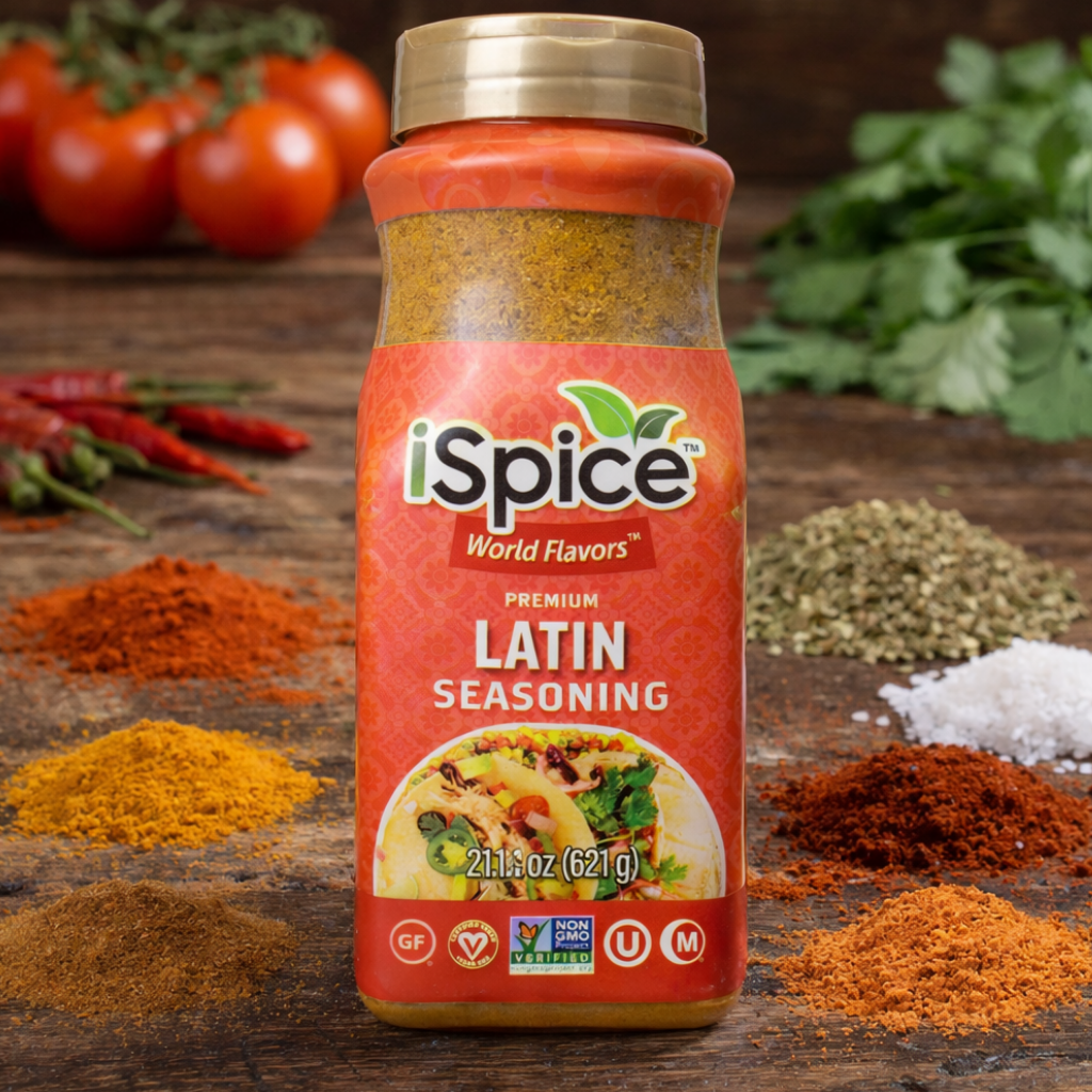 iSpice Latin seasoning bottle on a wooden surface with spices and vegetables in the background