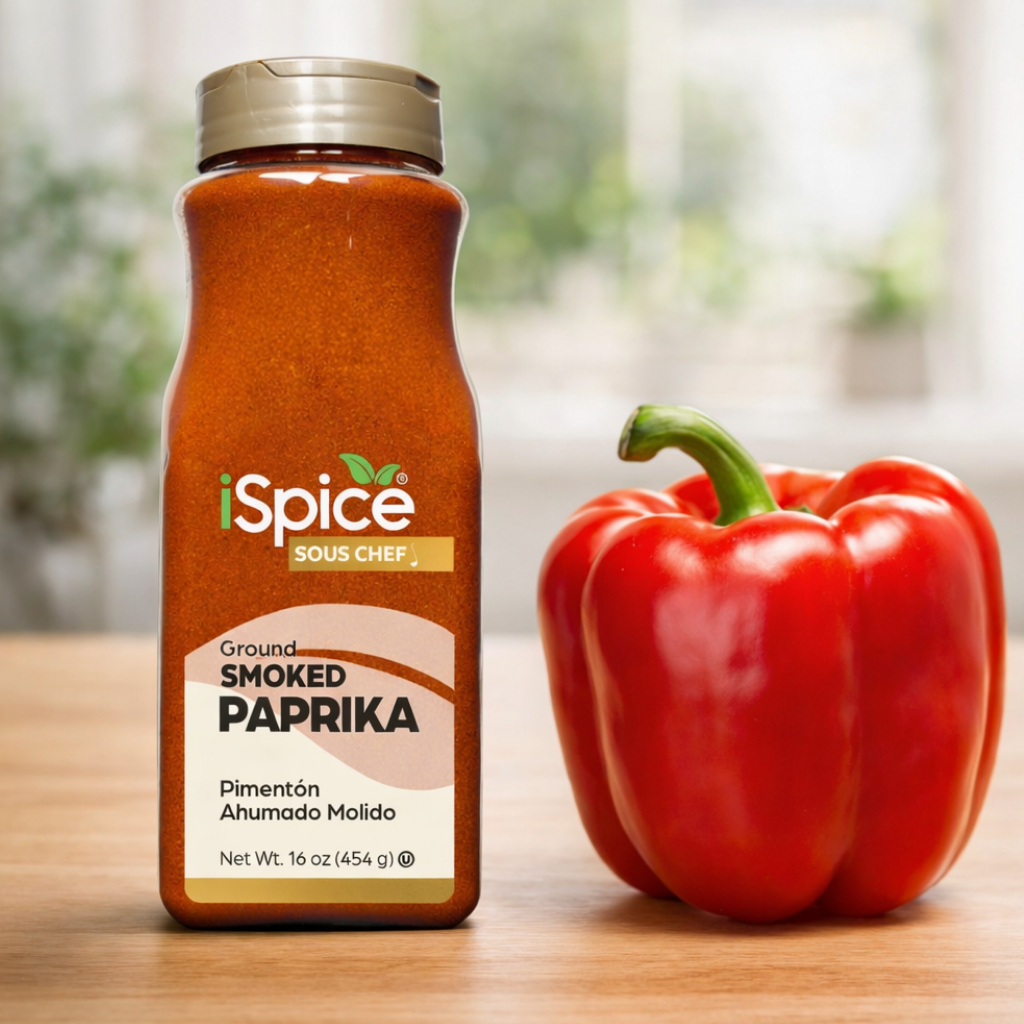 Spice Sous Chef smoked paprika bottle with a red pepper on a wooden surface