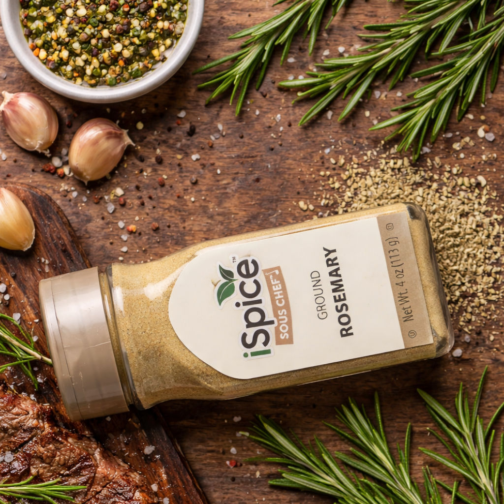 Spice bottle labeled 'iSpice Sous Chef' with rosemary on a wooden surface