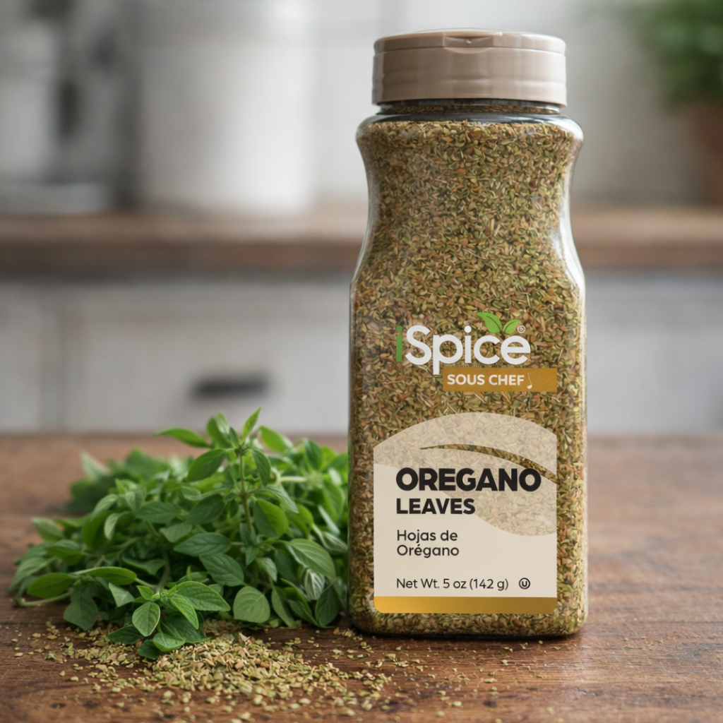 Spice jar labeled 'Oregano Leaves' by Sous Chef on a wooden surface with fresh oregano.