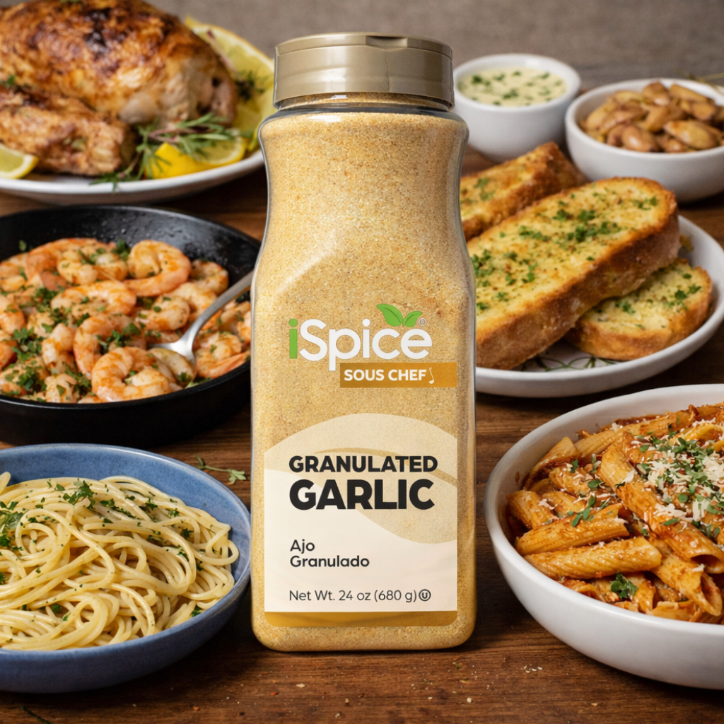 iSpice Sous Chef granulated garlic bottle with various dishes in the background