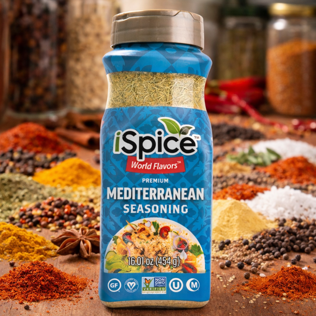 iSpice Mediterranean seasoning bottle with spices in the background