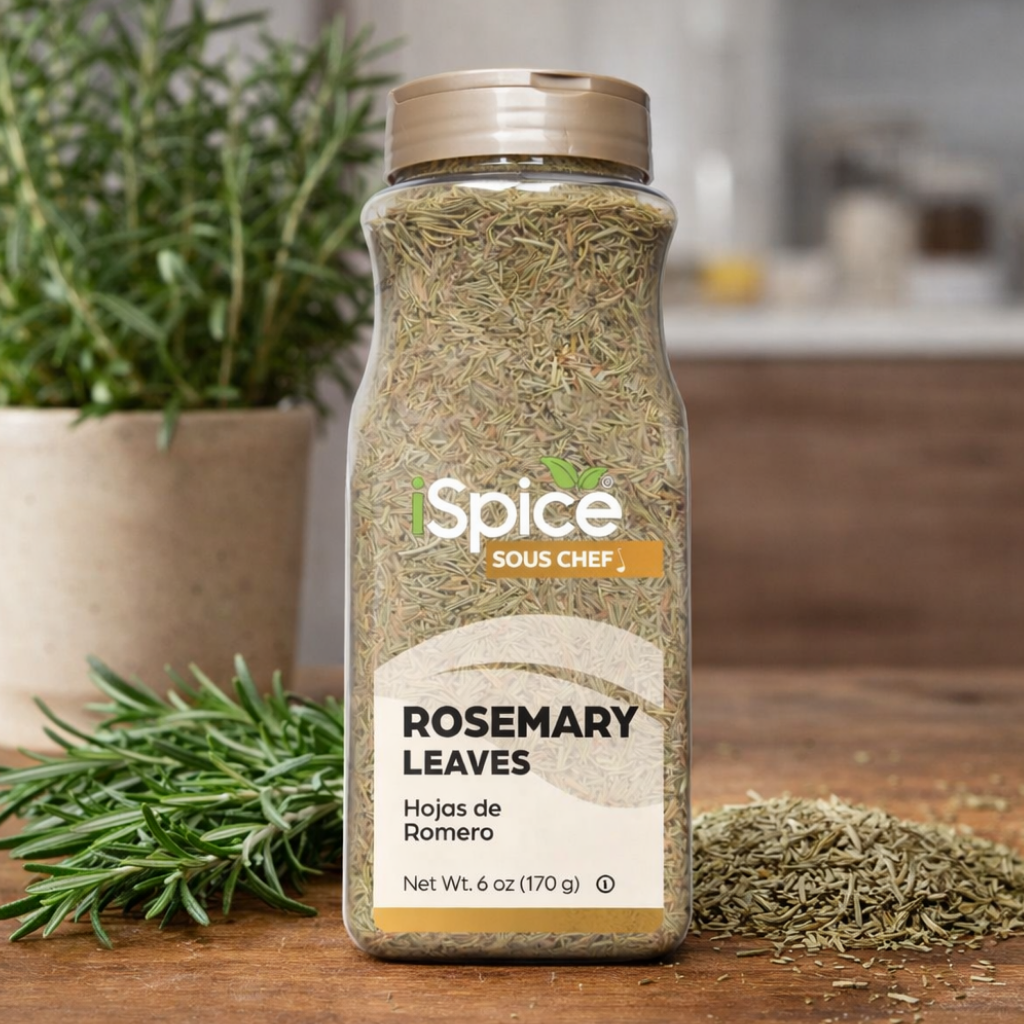 Bottle of 'iSpice Sous Chef' rosemary leaves on a wooden surface with rosemary plants in the background.