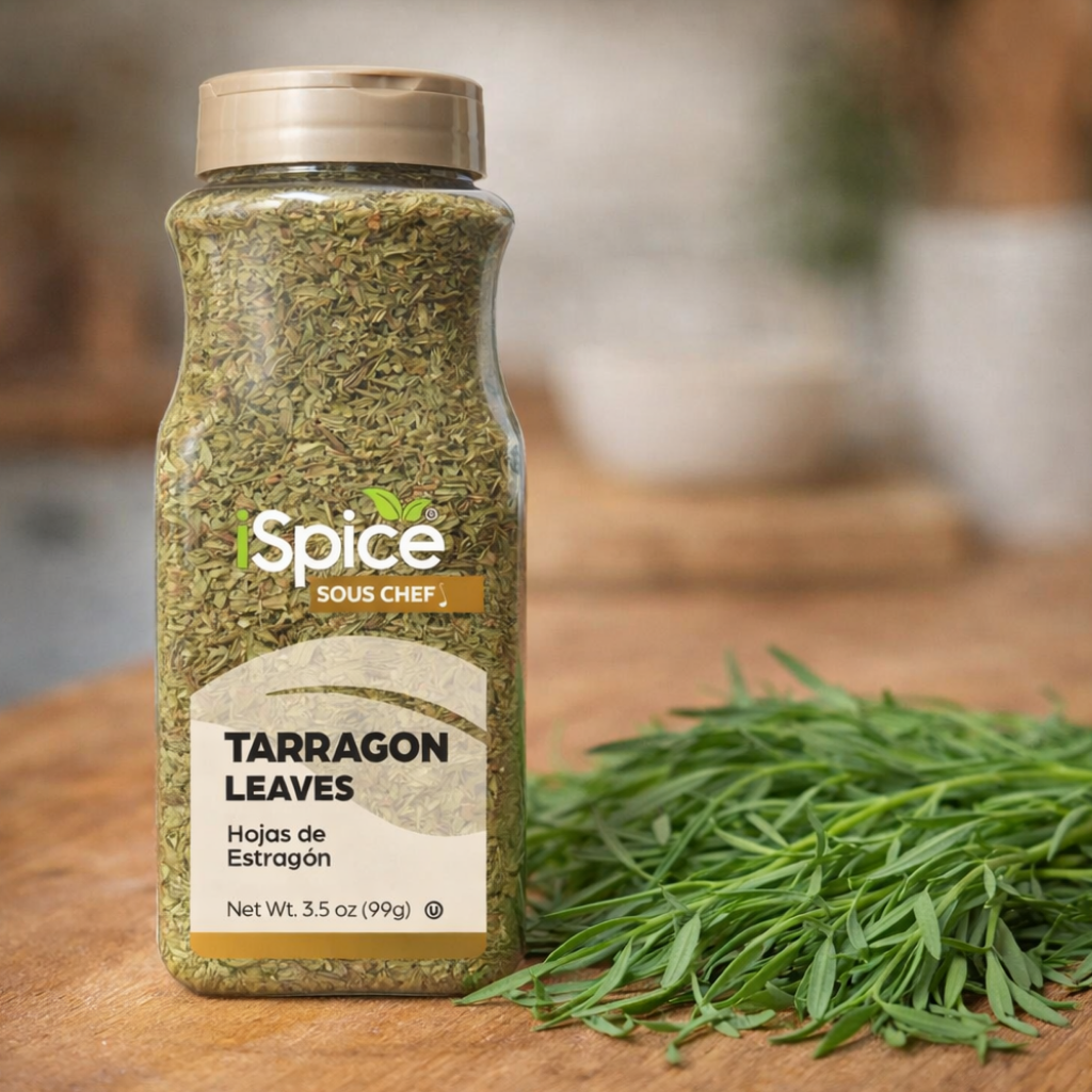 Jar of tarragon leaves with fresh tarragon on a wooden surface